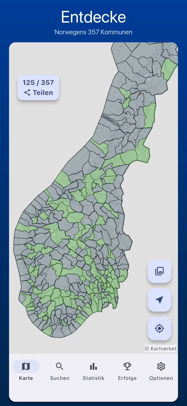 Karte Norwegens mit hervorgehobenen besuchten Kommunen