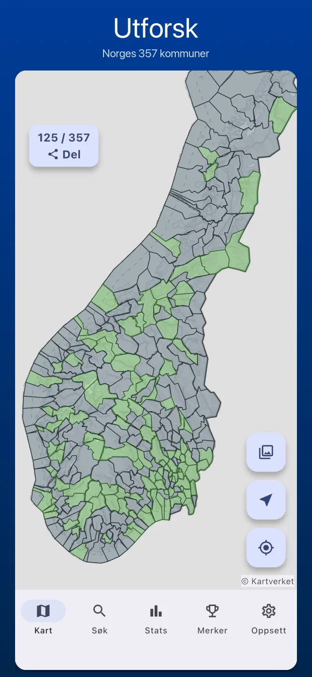 Kart over Norge med besøkte kommuner markert